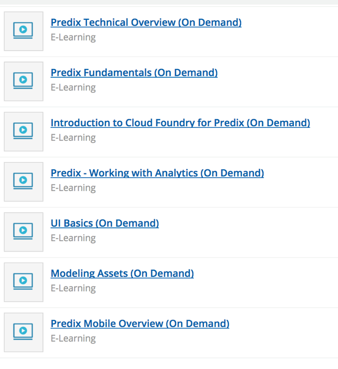 a list of training courses on the Predix training site